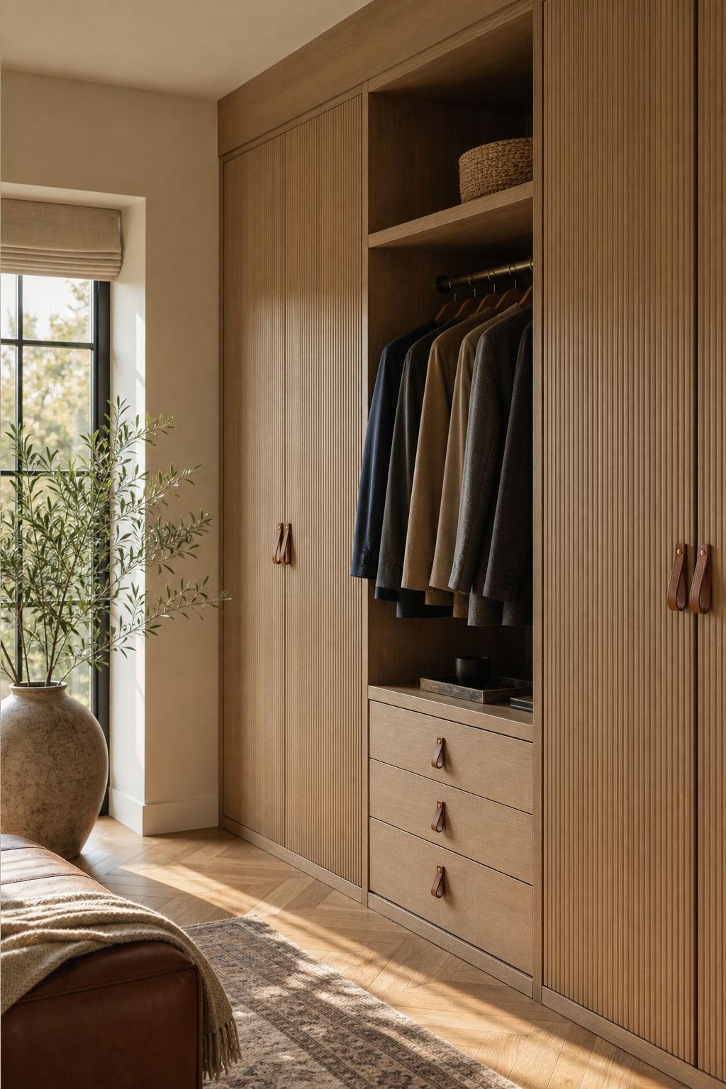 Use Ribbed Wood Door Fronts in a neat stylish closet room
