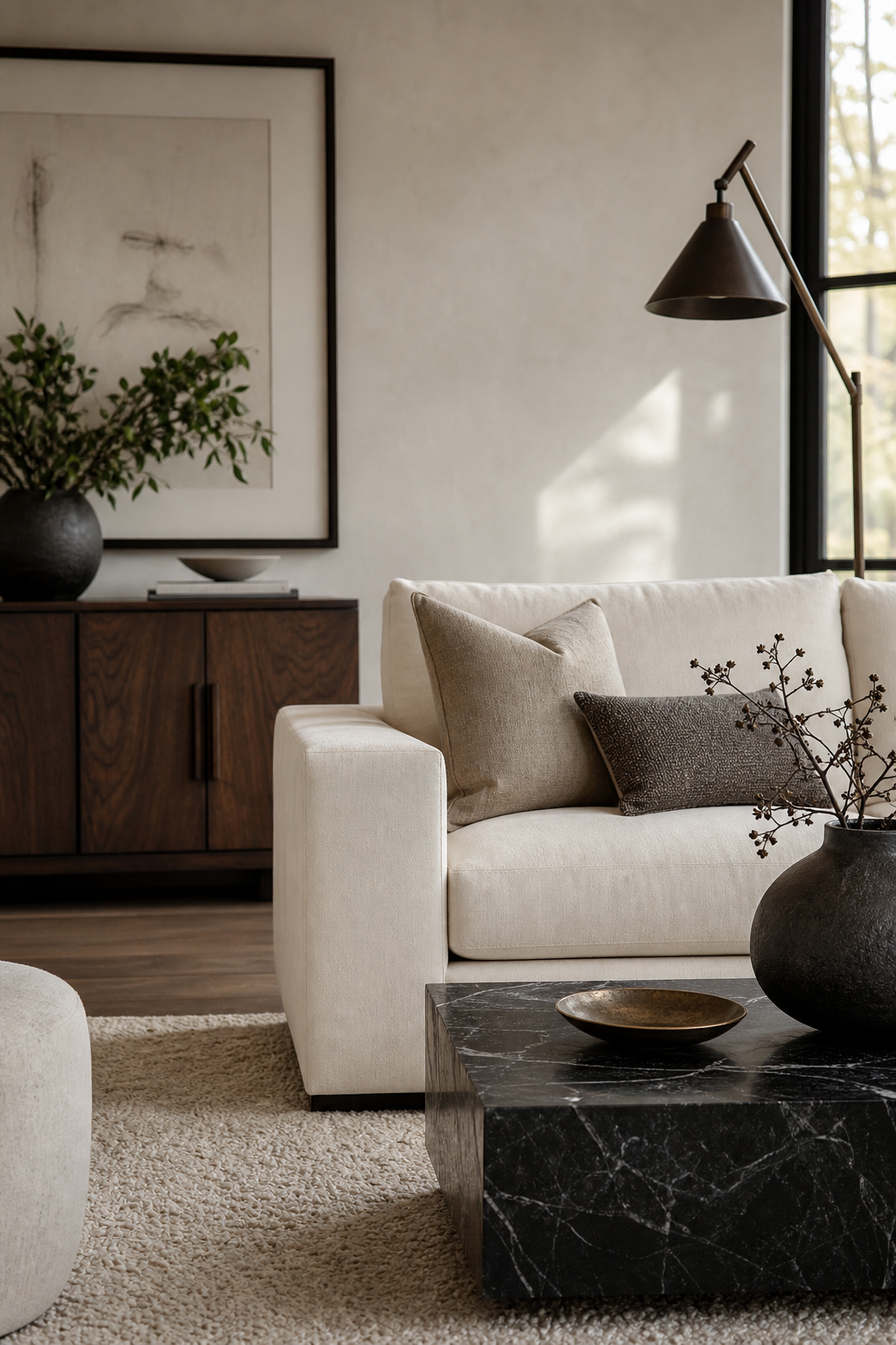 Neutral living room grounded by black marble, walnut furniture, and bronze lighting