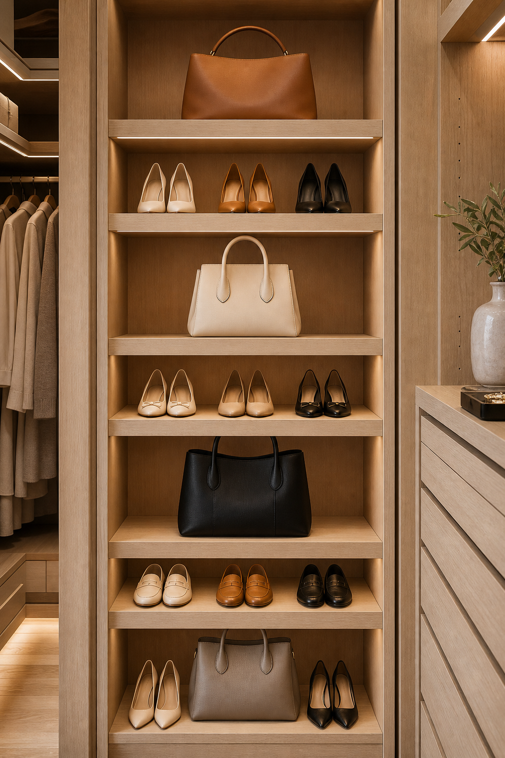 Mix Shoes And Bags Thoughtfully in a neat stylish handbag closet