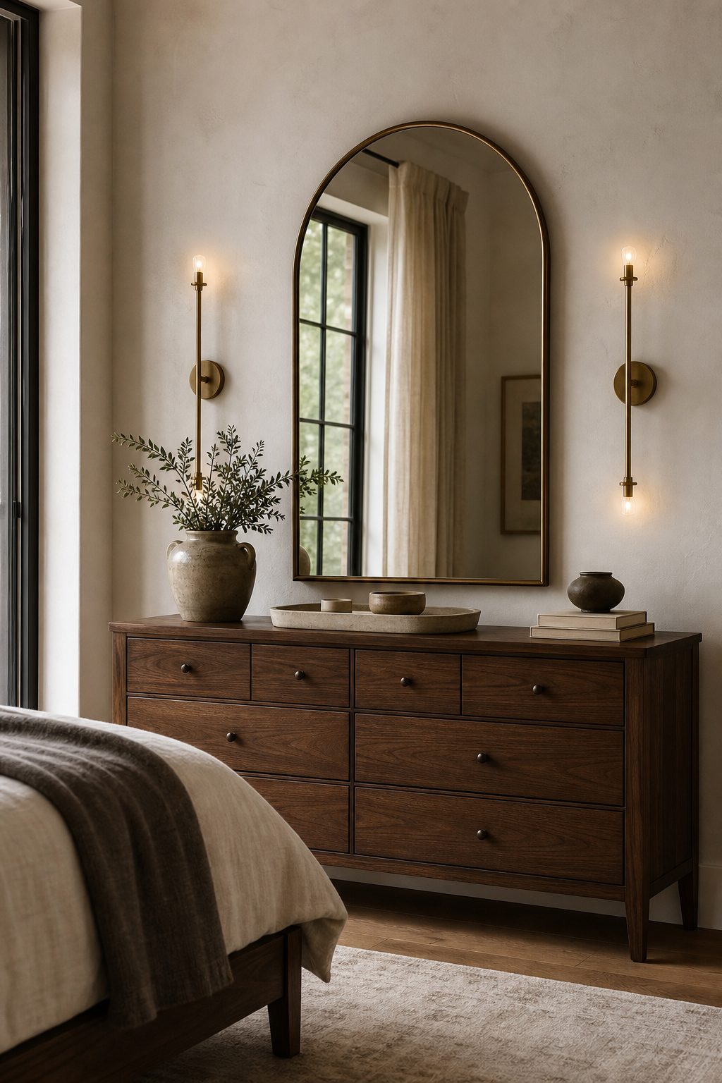 Arched mirror wall hanging paired with sconces