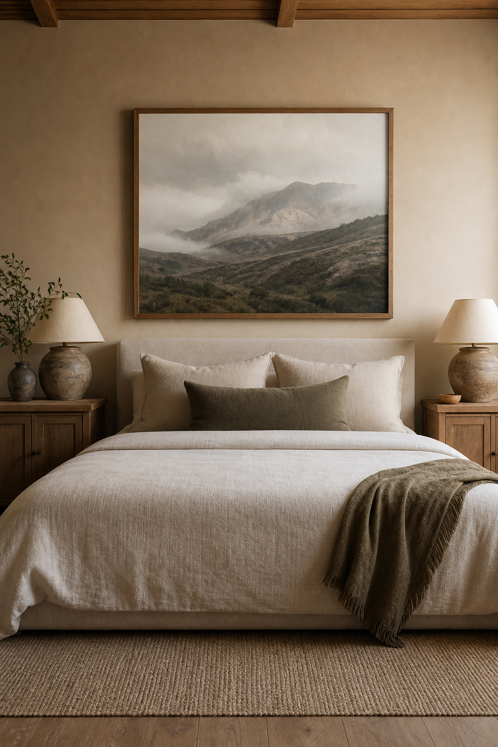 Earthy bedroom with muted landscape artwork above a linen bed