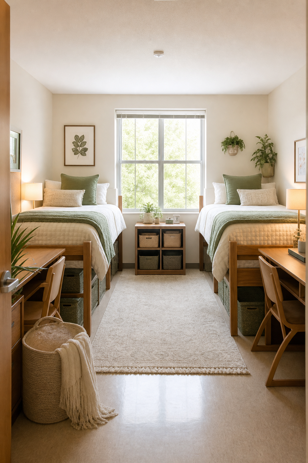 Shared dorm room with coordinated bedding, storage bins, desks, and central walkway