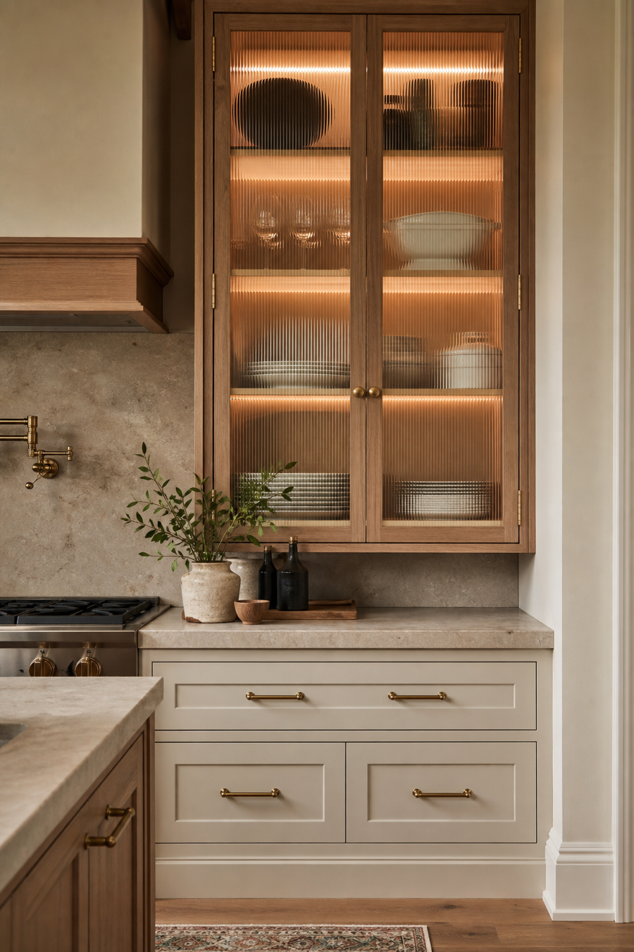Warm neutral kitchen with fluted glass cabinets and brass hardware