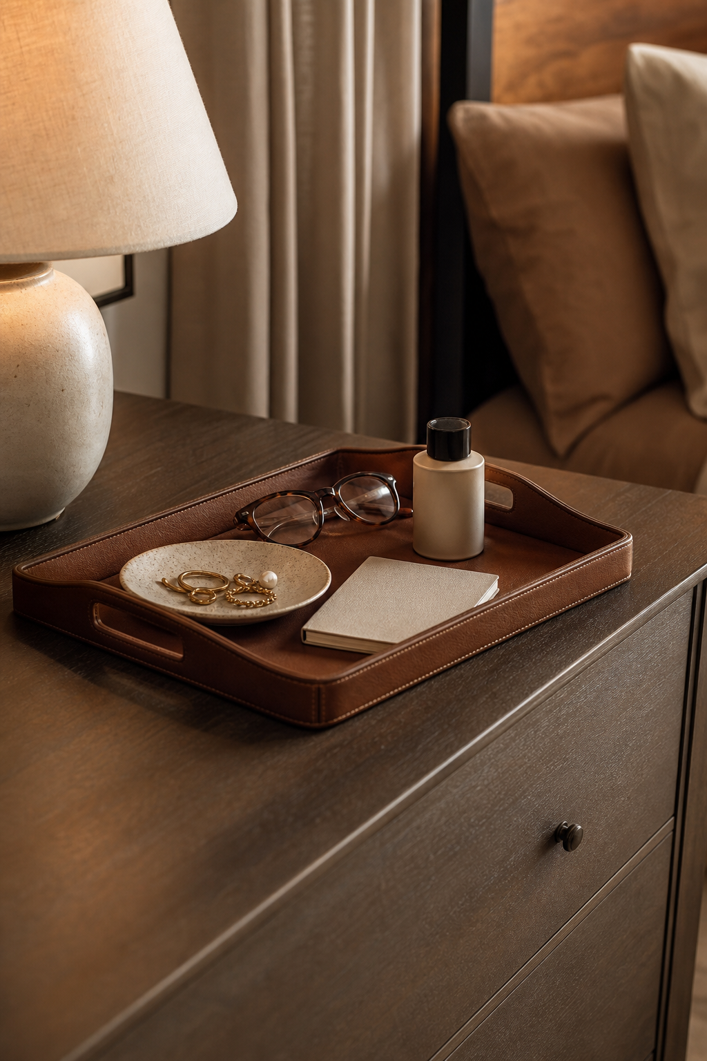 Nightly reset tray organizing small essentials in a cozy bedroom