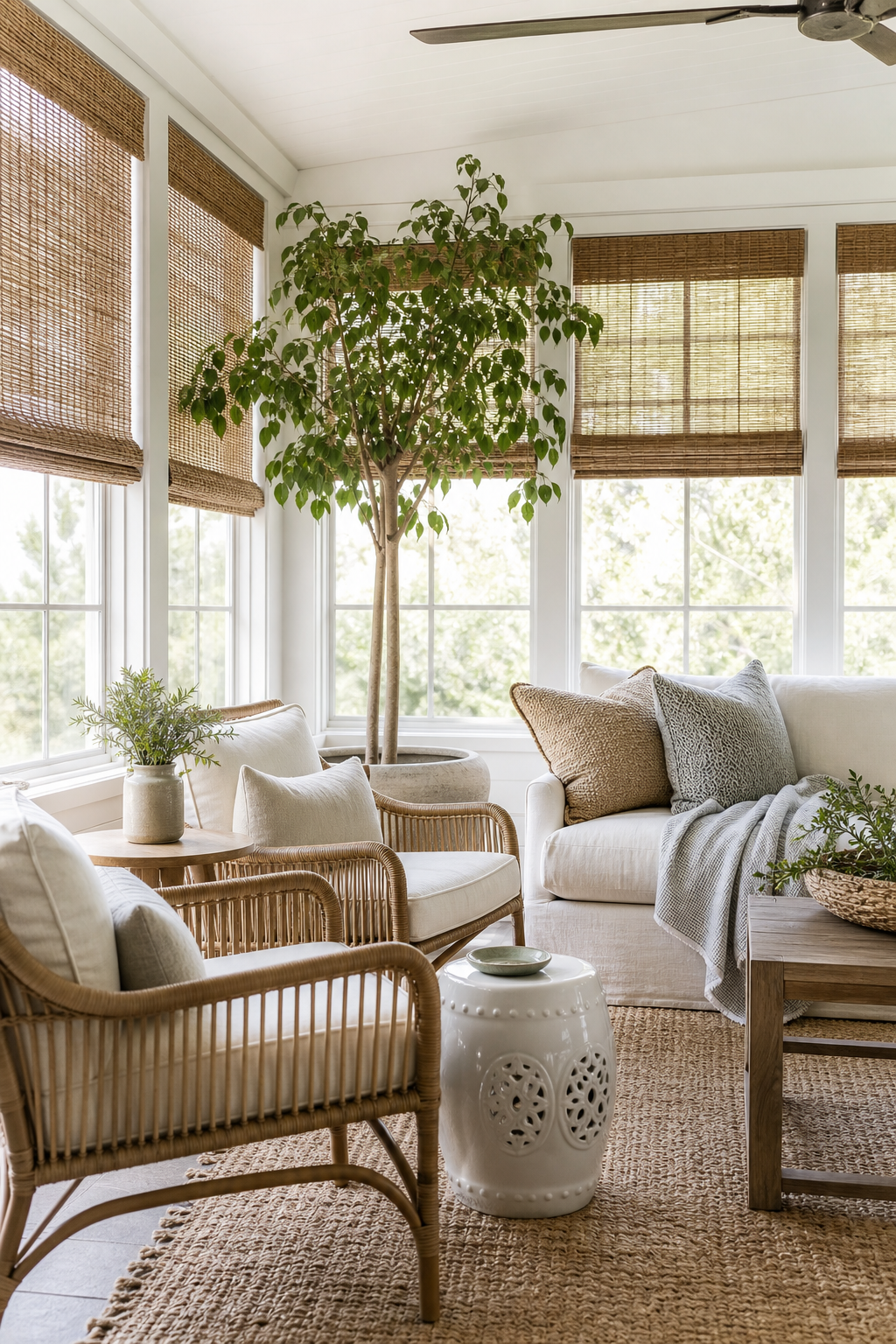 Bright sunroom with rattan chairs, woven shades, linen cushions, and large plant