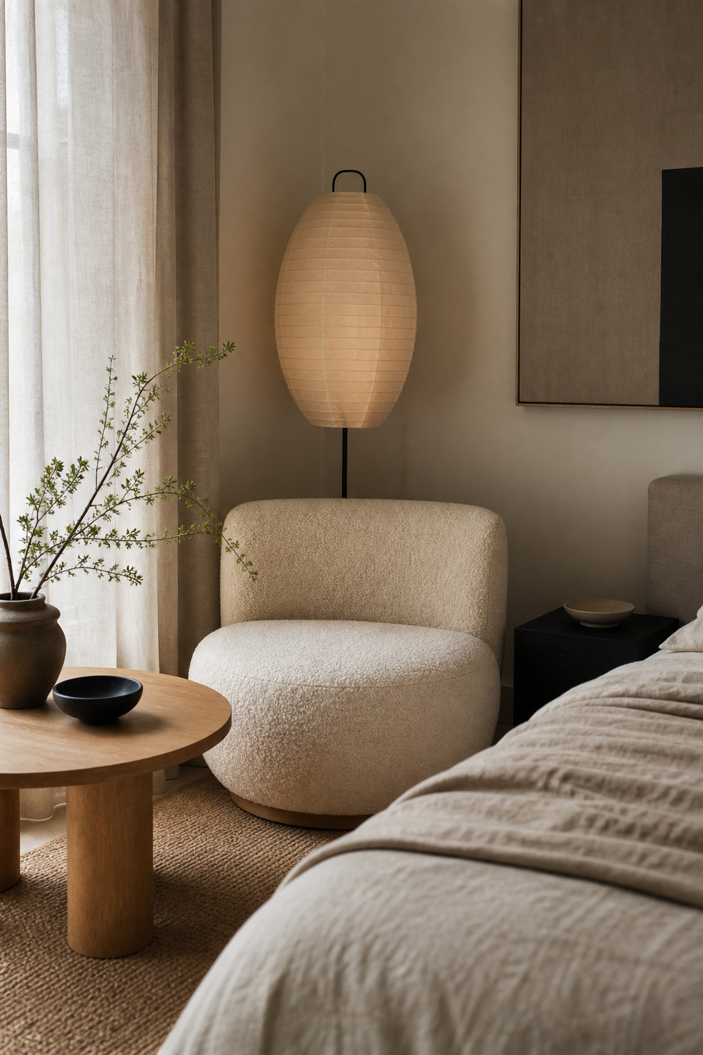 Japandi bedroom with add a Cozy Boucle Chair