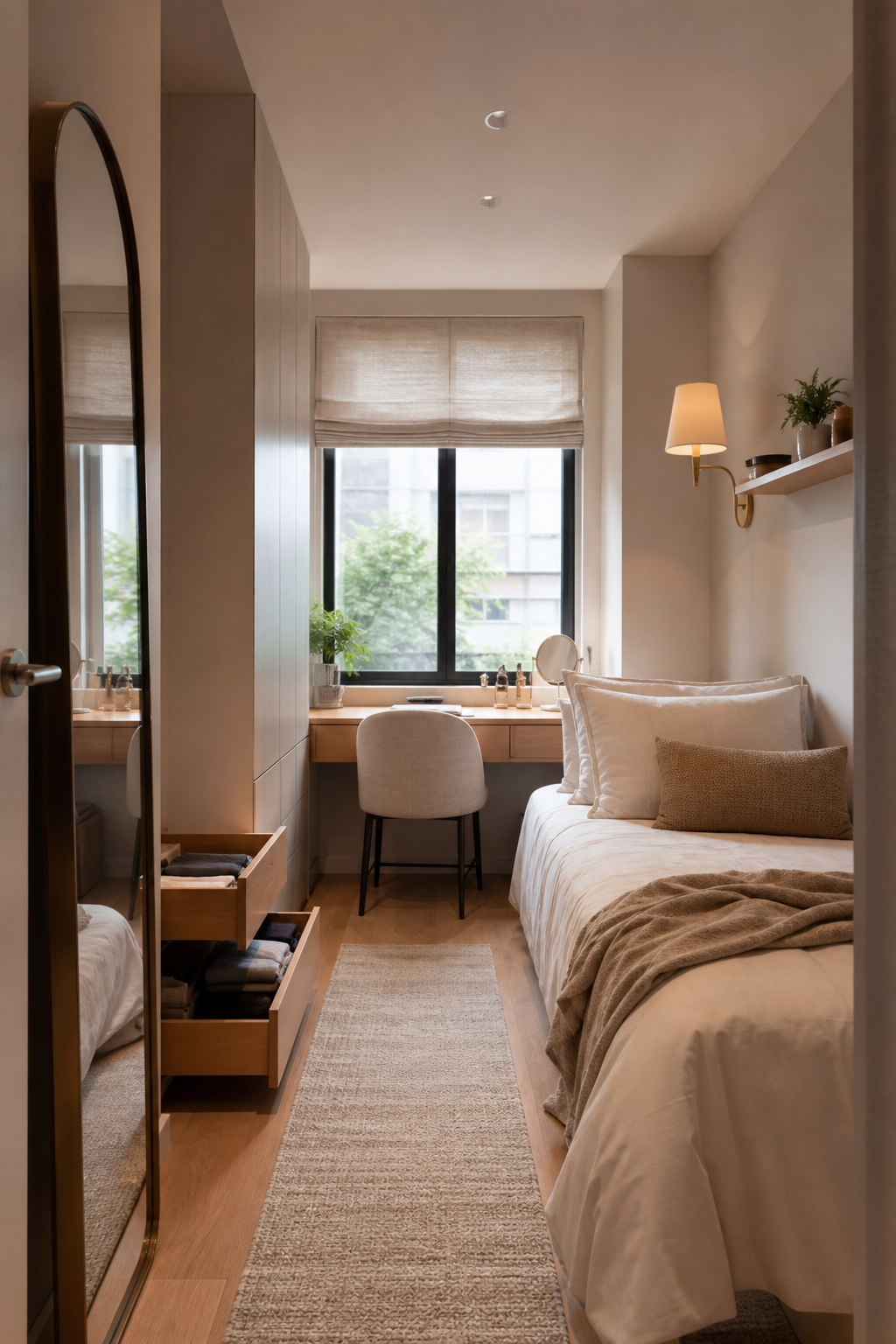 Small bedroom with clear functional zones for reading, dressing, storage, and a compact desk
