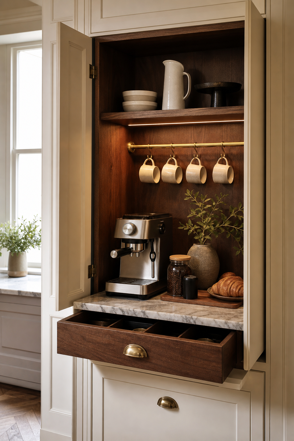 Very small kitchen with walnut coffee niche, marble shelf, brass rail, and warm cabinet lighting