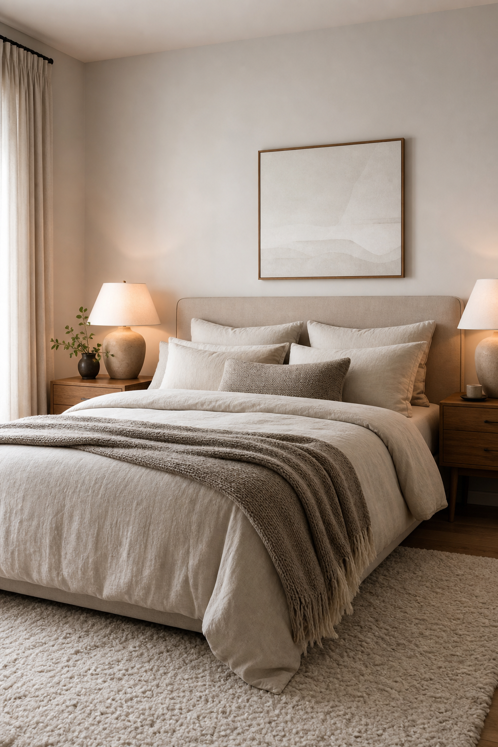 Quiet tactile Scandinavian bedroom with linen bedding and wool throw