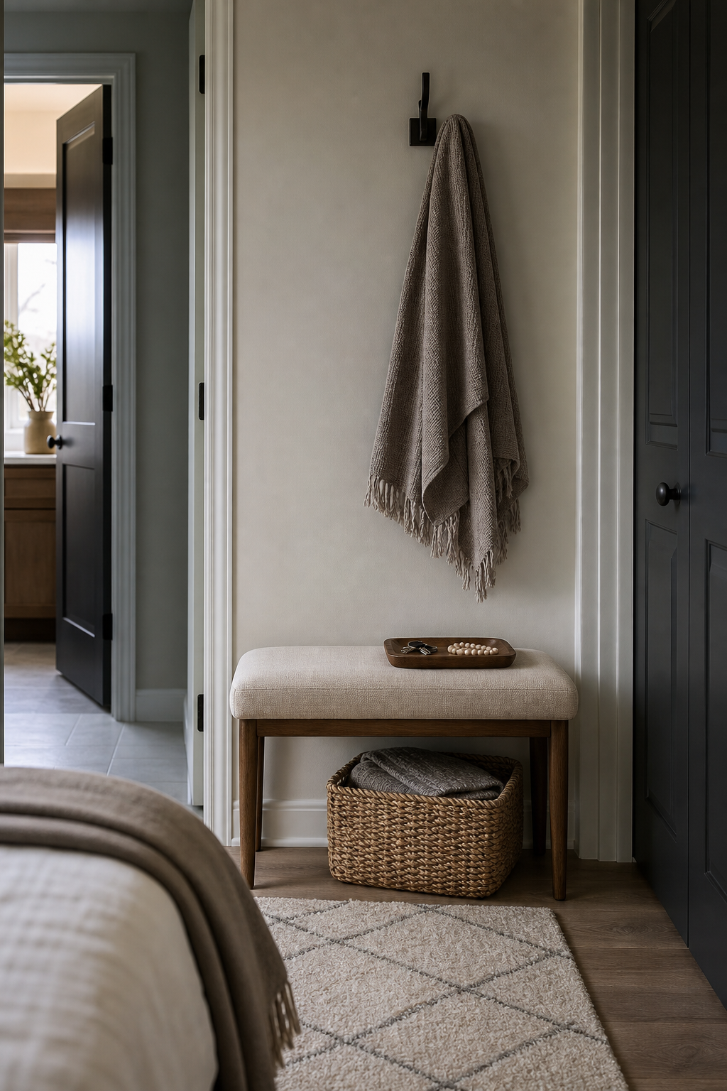 Personal bedroom doorway with slim bench, wall hook, tray, and woven basket landing zone