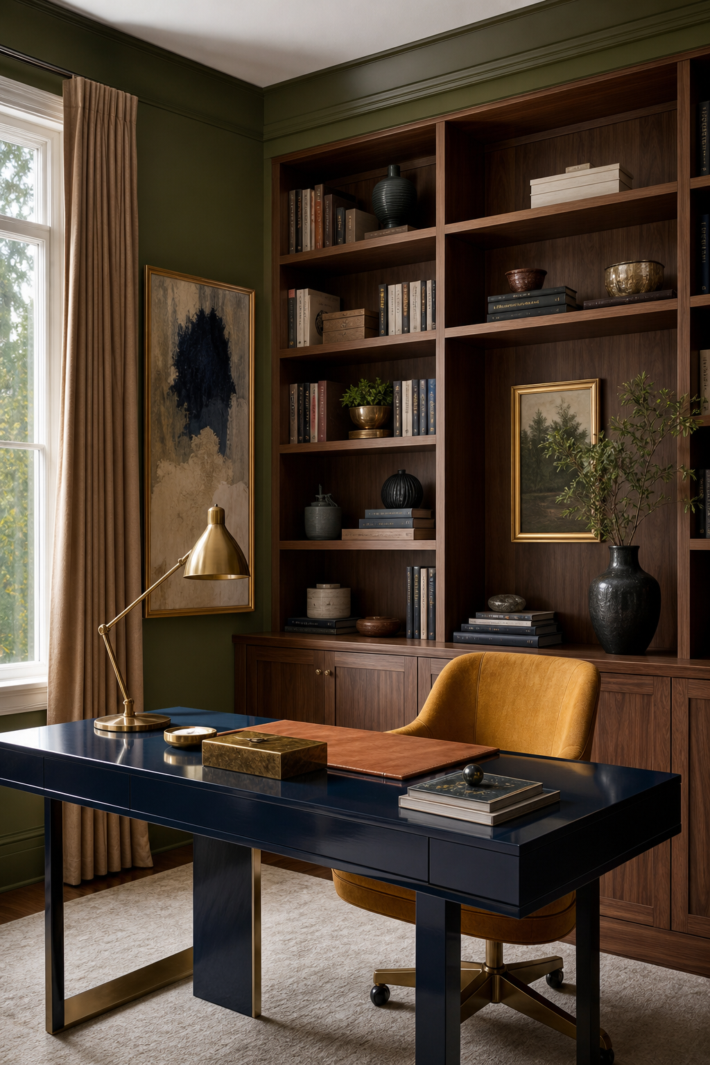 Luxury home office with moss walls, blue lacquer desk, saffron chair, walnut shelves, and brass lamp