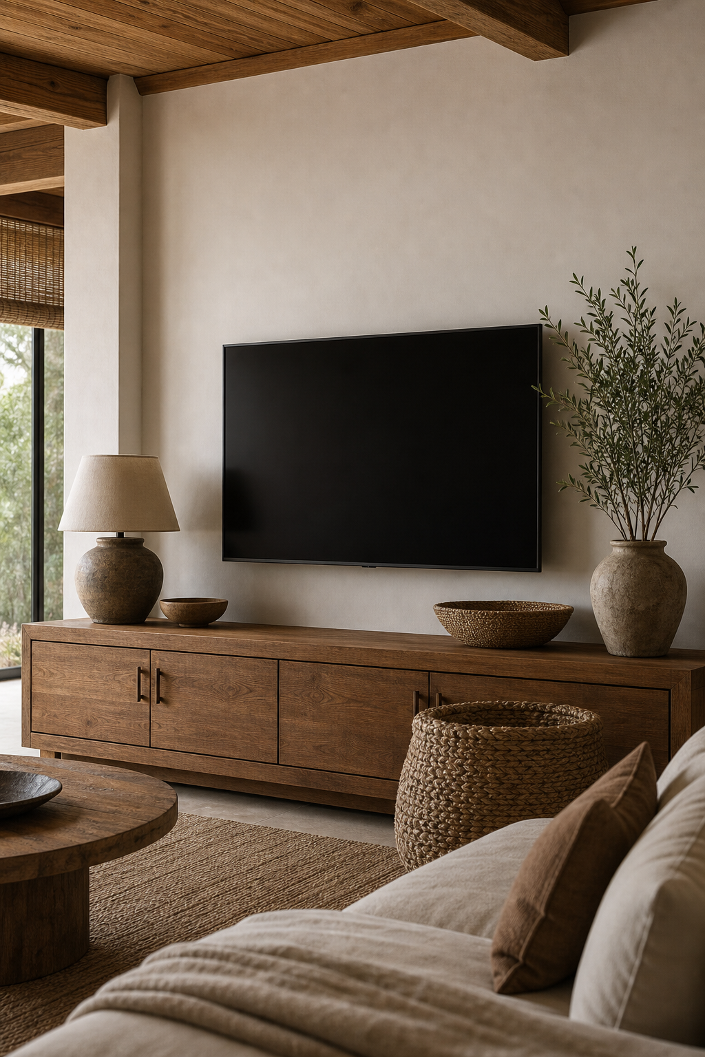 Quiet TV wall with a low wood console in a designer boho living room