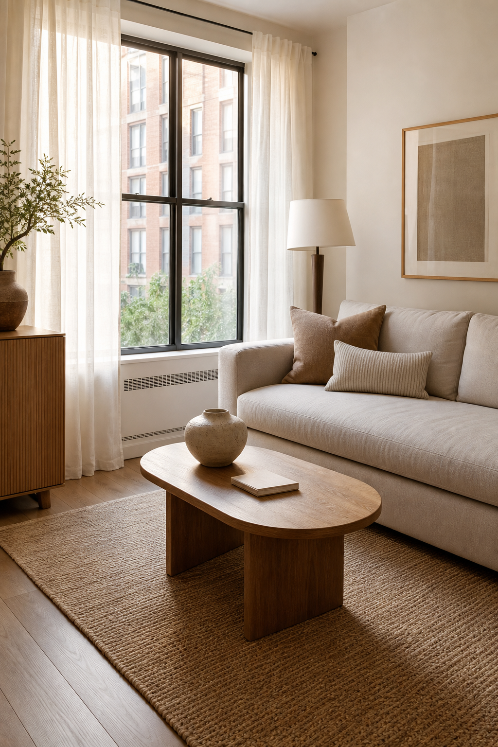 Edited cozy apartment living room with clear surfaces and breathing space