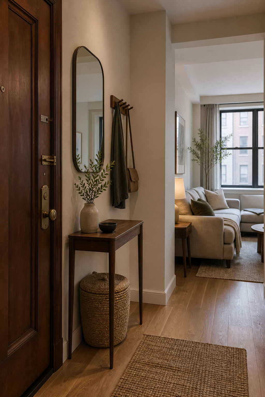 Small living room with a quiet entry console and basket