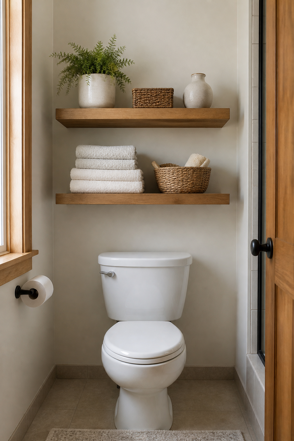 Small bathroom shelves above toilet with towels and basket