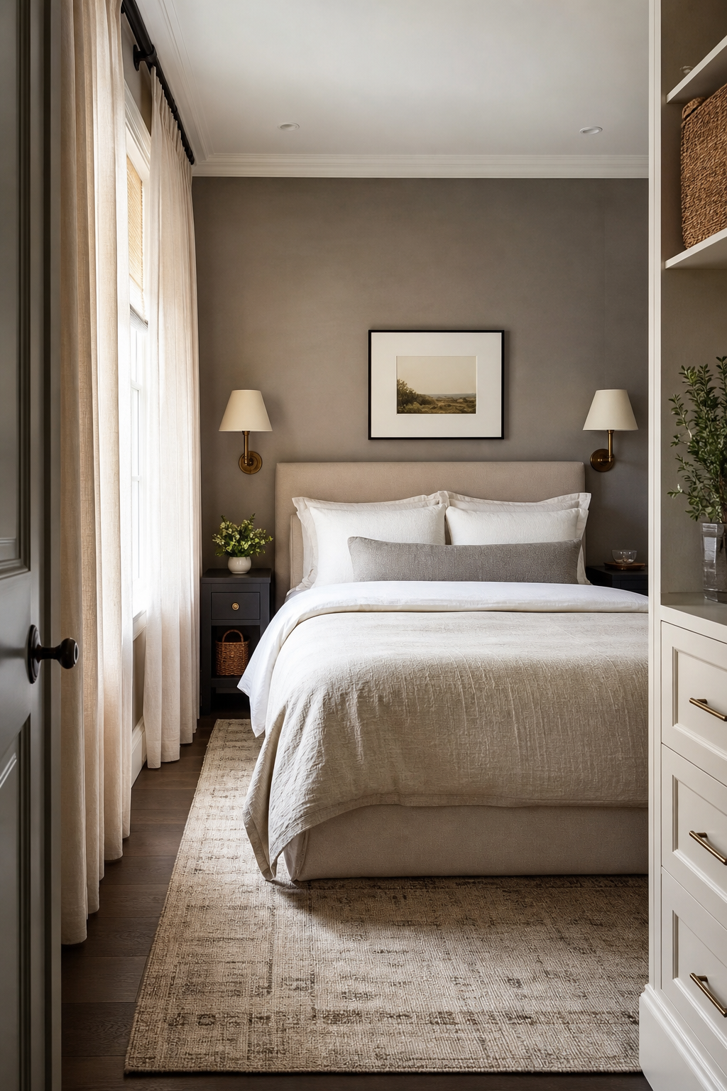 Small bedroom with tailored furniture and simple cozy styling
