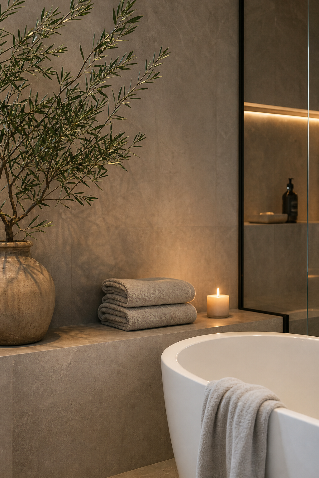 Sparse greenery and scent styling in a spa-like bath