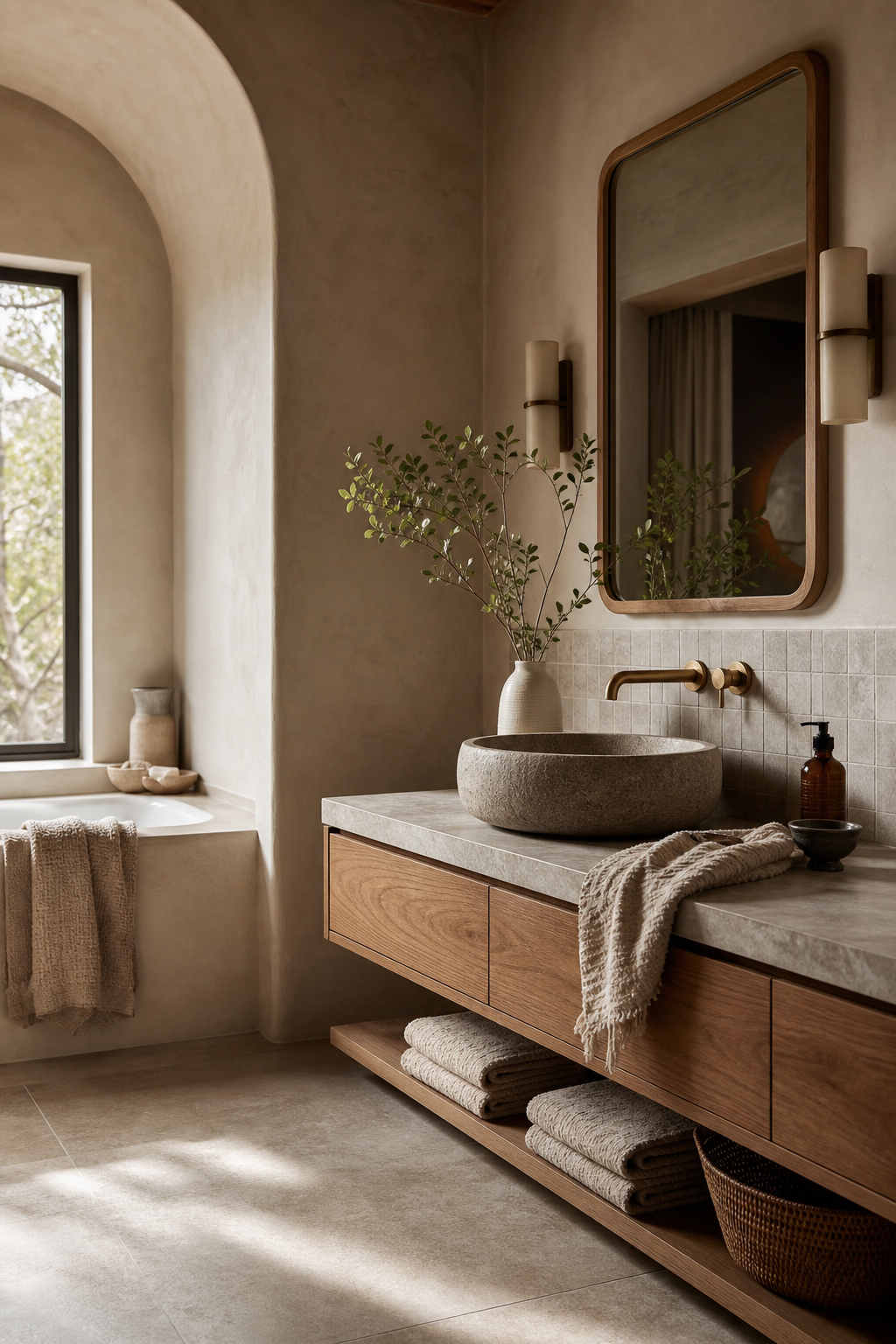 use a quiet earthy color palette in a cozy spa-like bathroom