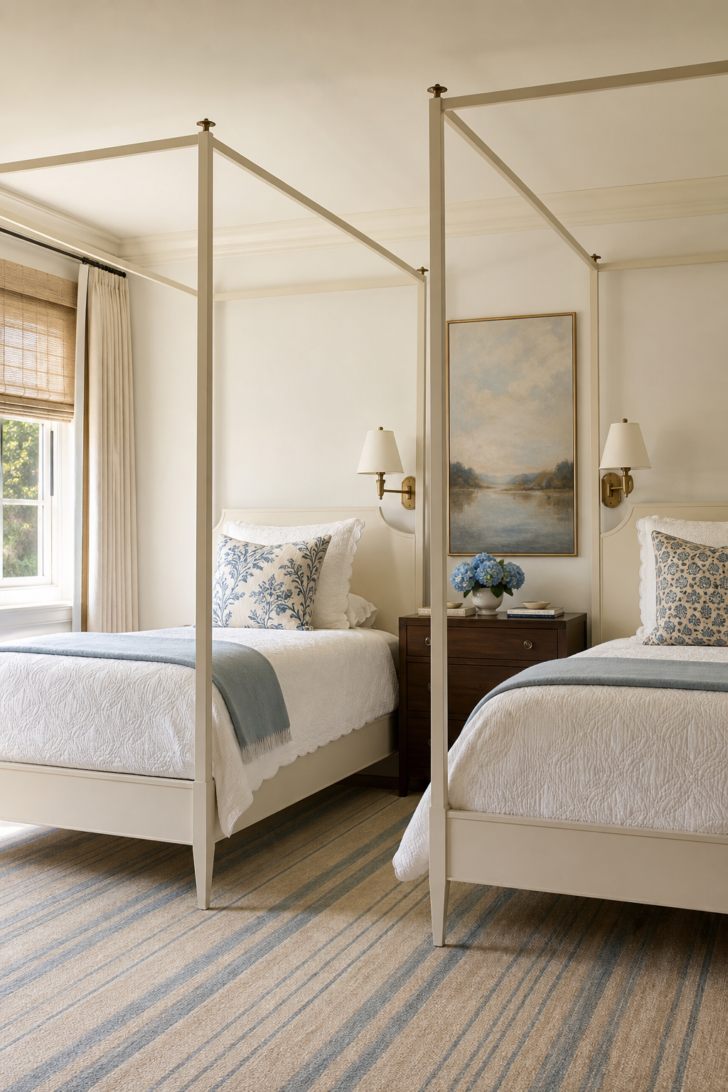 Twin canopy beds in an elegant guest bedroom