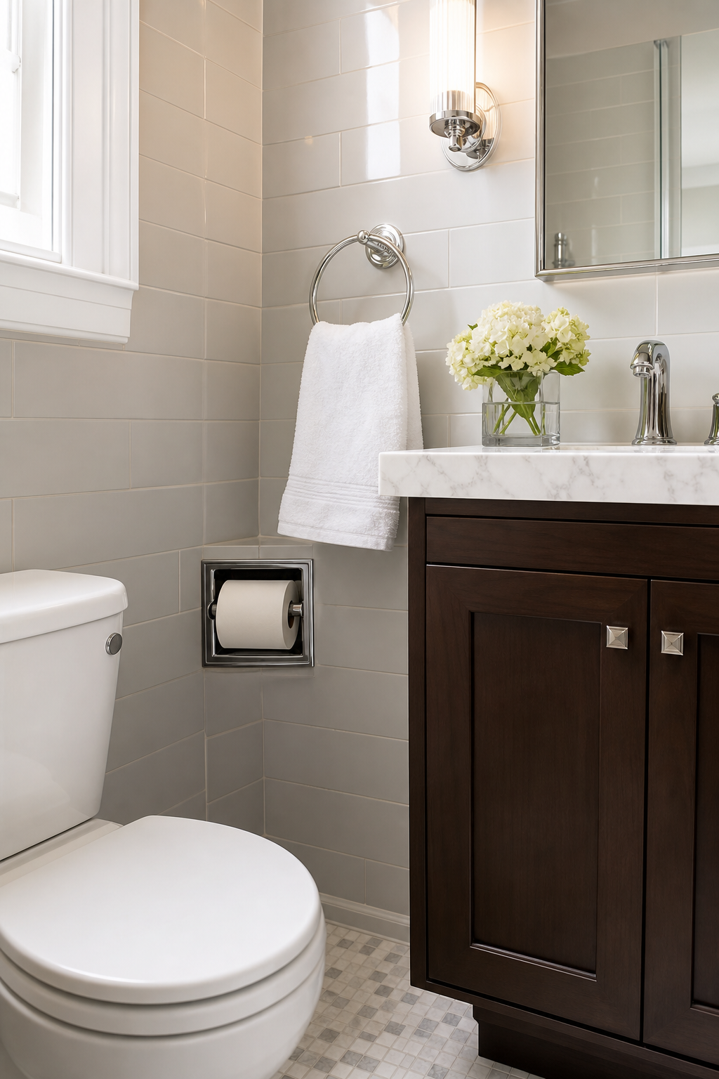 Small bathroom interior idea with use a recessed toilet paper holder