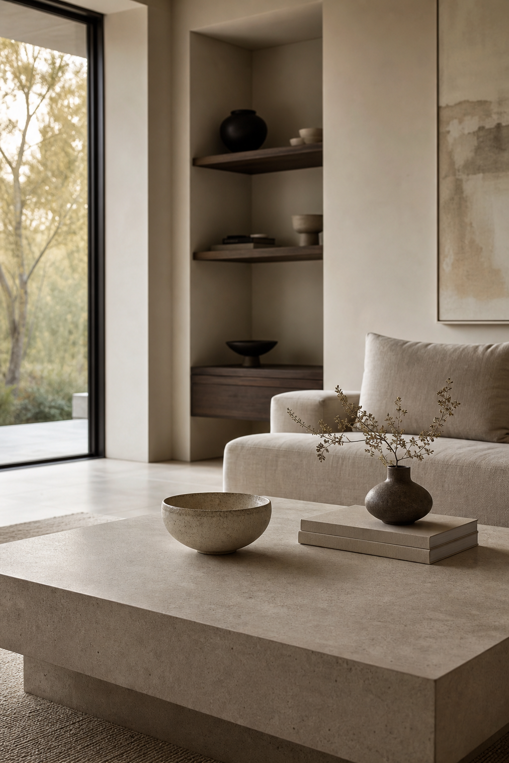edit the coffee table styling in a cozy minimalist living room