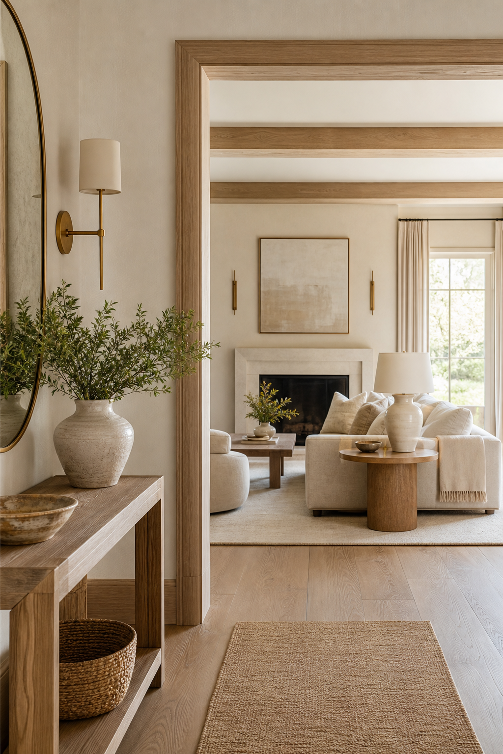 Open house interior with repeated oak brass linen and ceramic materials