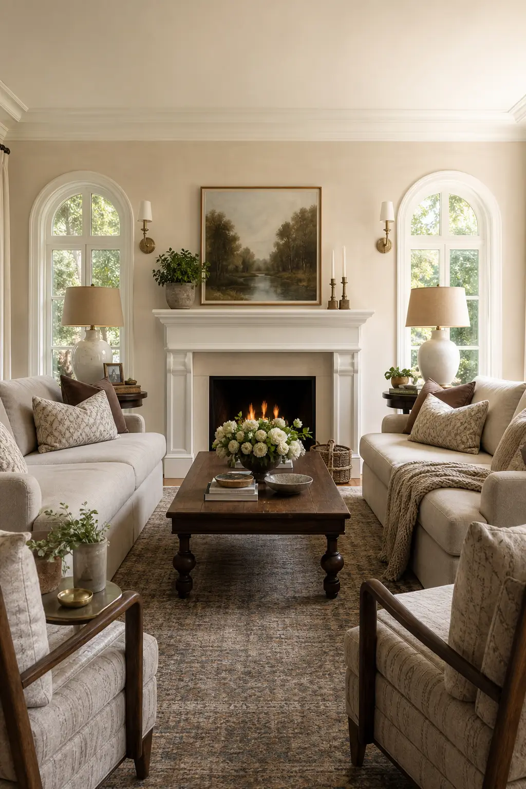Combine formal symmetry with soft pillows in a cozy designer conversation room