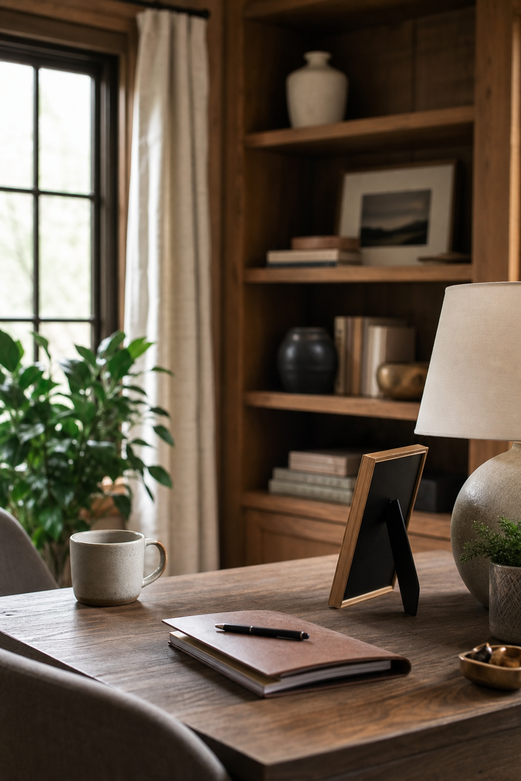 Cozy home office with personal edited details, framed photo turned away, ceramic cup, wood desk, soft lamp, warm shelves