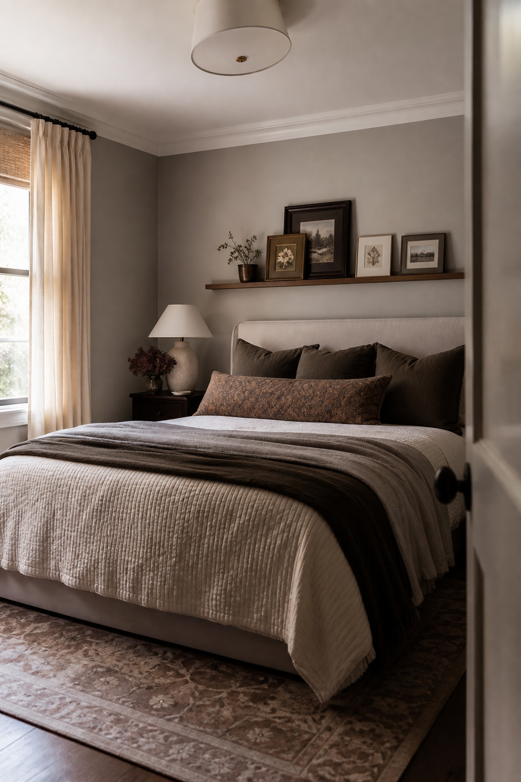 Layer Small Framed Art On A Shelf in a cozy Pinterest-worthy bedroom