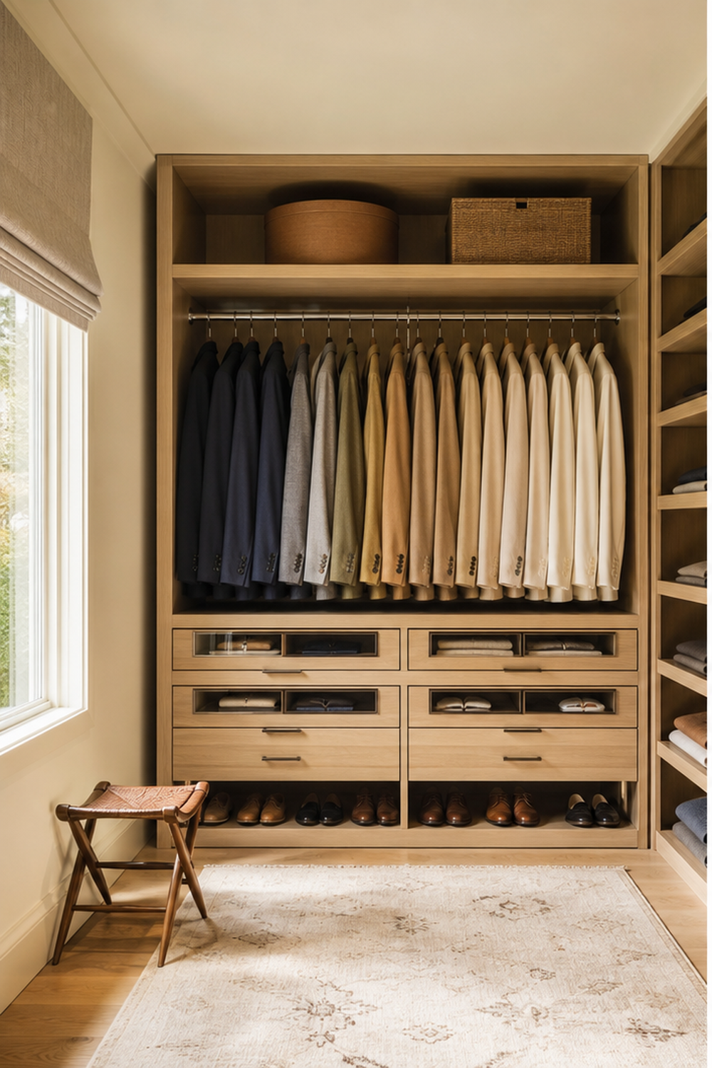 Color-Blocked Hanging for small walk-in closet ideas