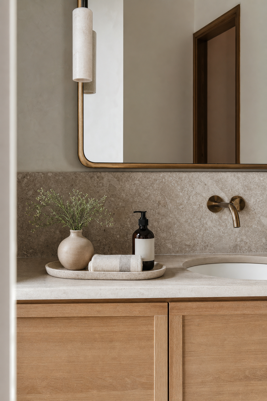 Keep countertops mostly clear in a spa-like guest bathroom