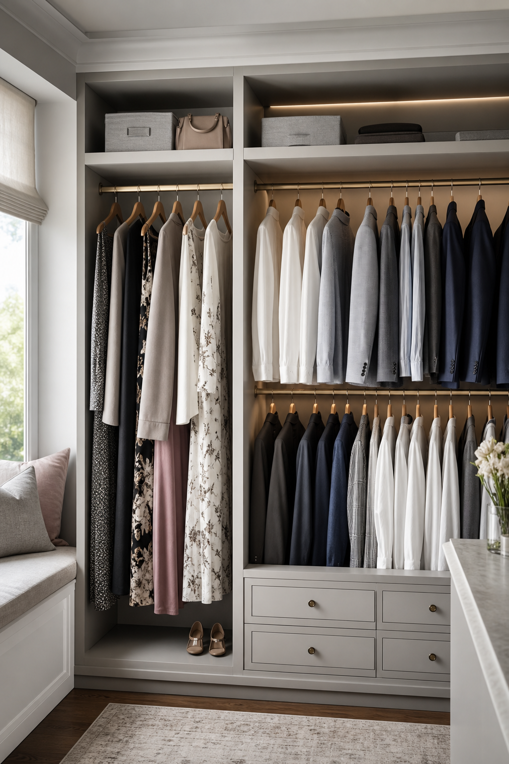 Organized closet with separate long hanging, double rails, drawers, and matching wooden hangers