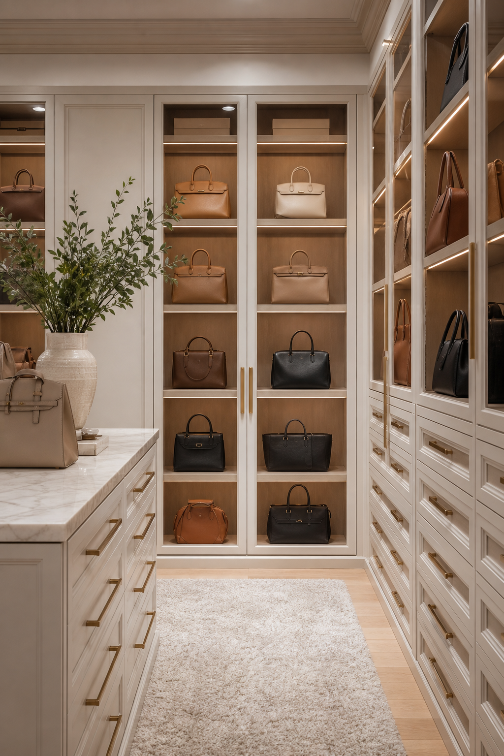Finish With A Calm Neutral Palette in a neat stylish handbag closet