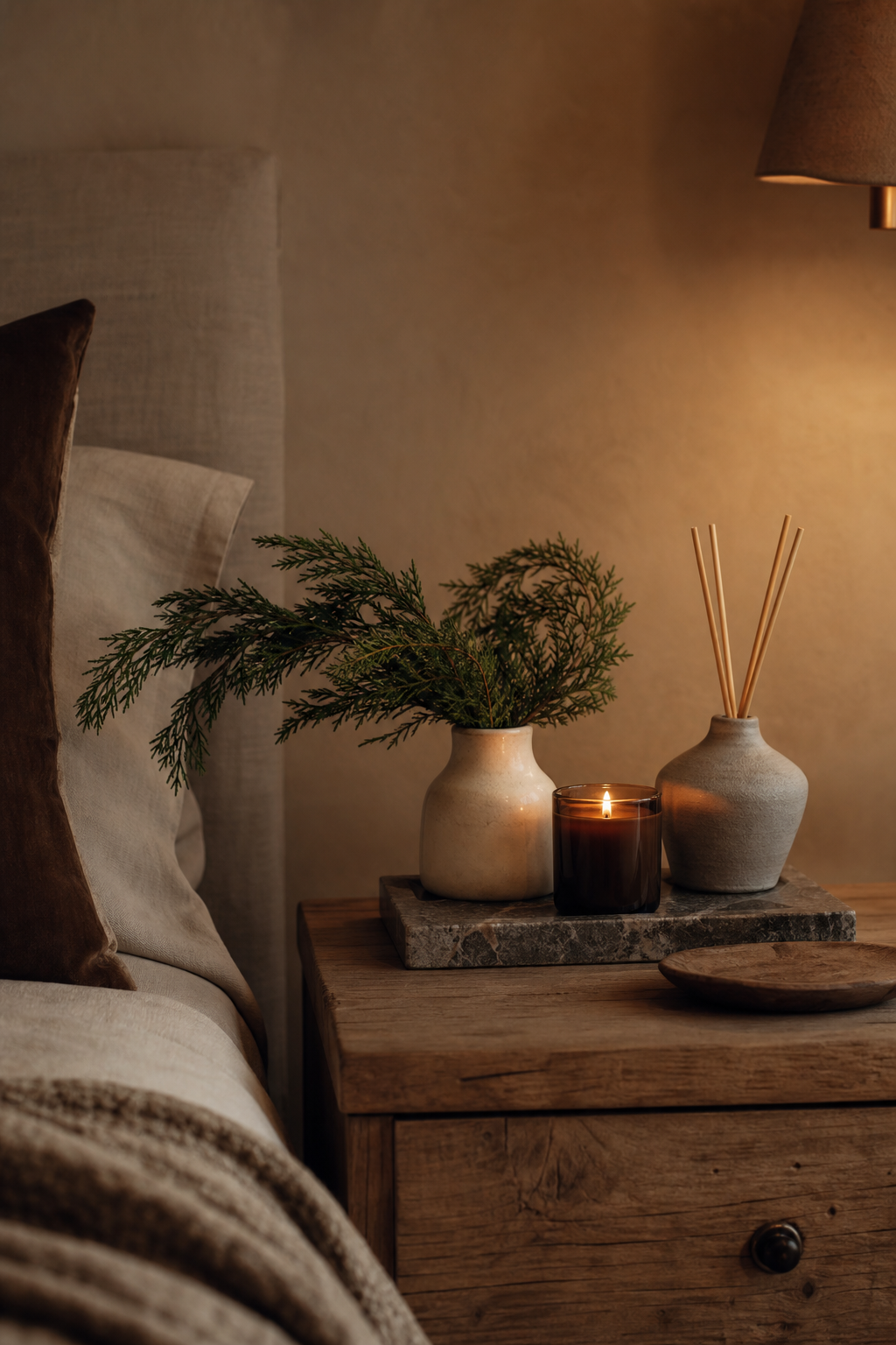 Earthy bedroom nightstand with candle, ceramic diffuser, cedar branch, and folded linen throw
