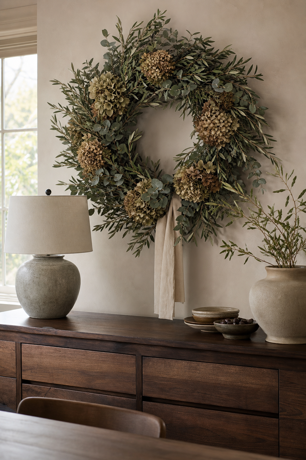 Natural seasonal wreath used as indoor wall hanging