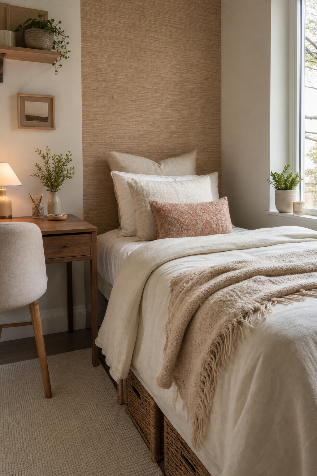 Dorm room with subtle removable wallpaper panel behind cream twin bed