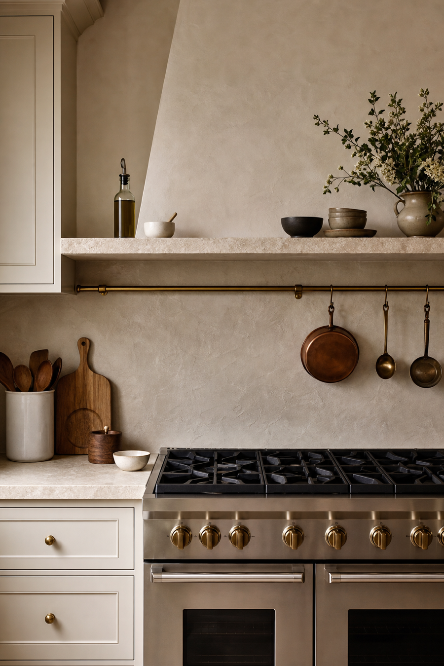 Warm neutral range wall with slim stone shelf above the cooktop