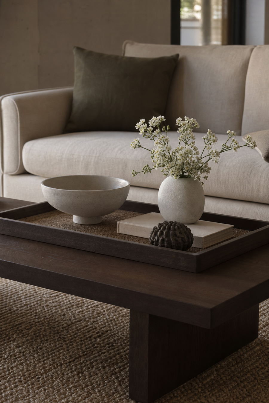 Calm coffee table decor with tray, flowers, and sculptural object