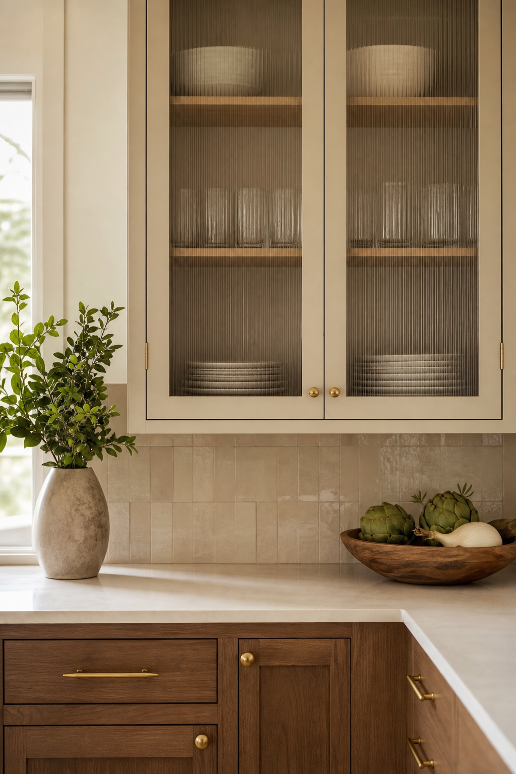 Simple warm kitchen with one reeded glass-front cabinet and neatly stored dishes