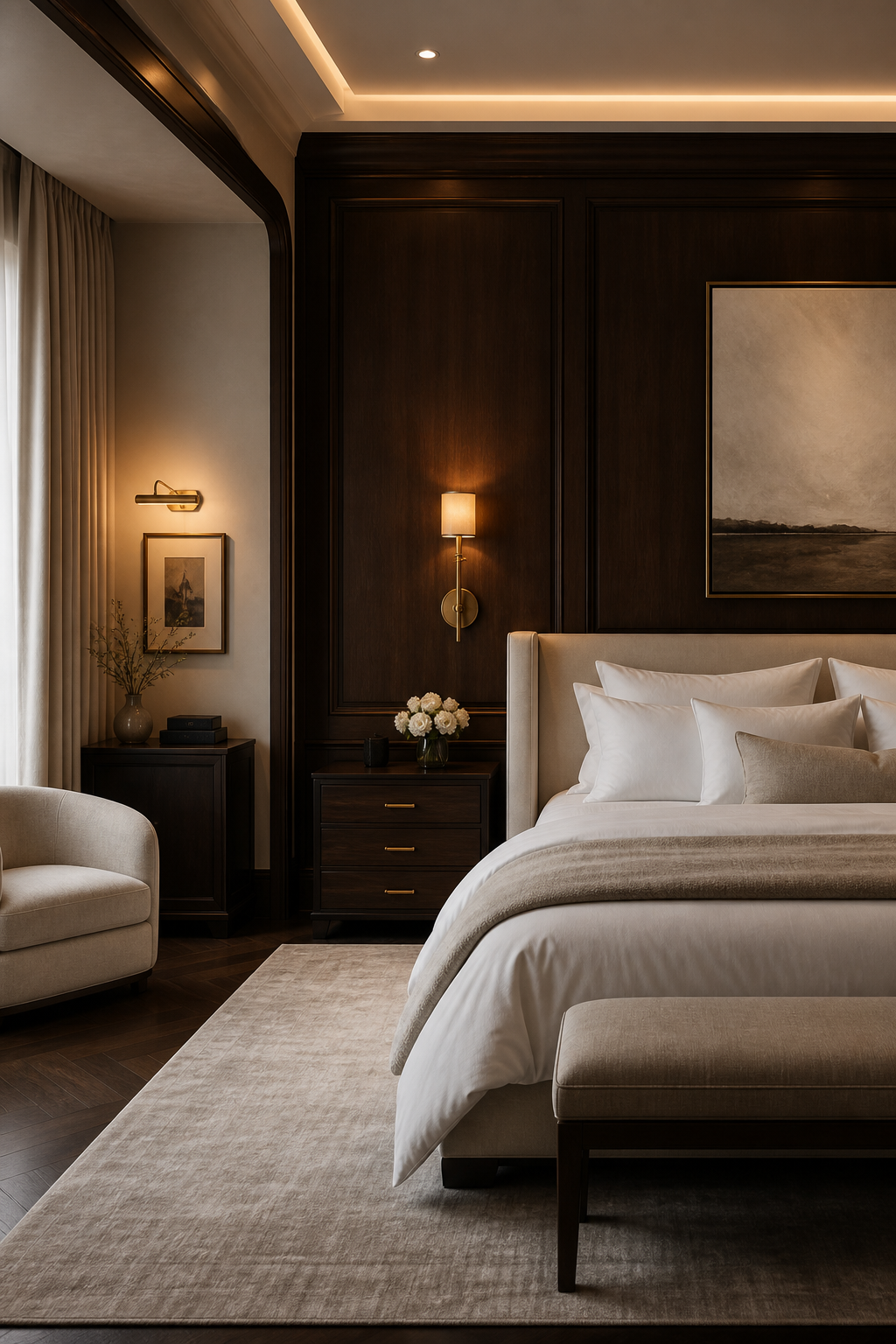 Luxury bedroom with dark walnut paneling and cream upholstered bed