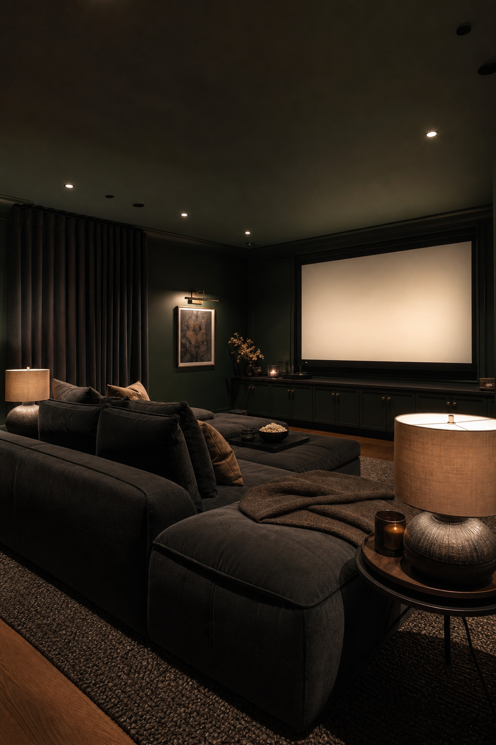 Tailored dark green media room with deep sofa, warm lamps, and textured rug