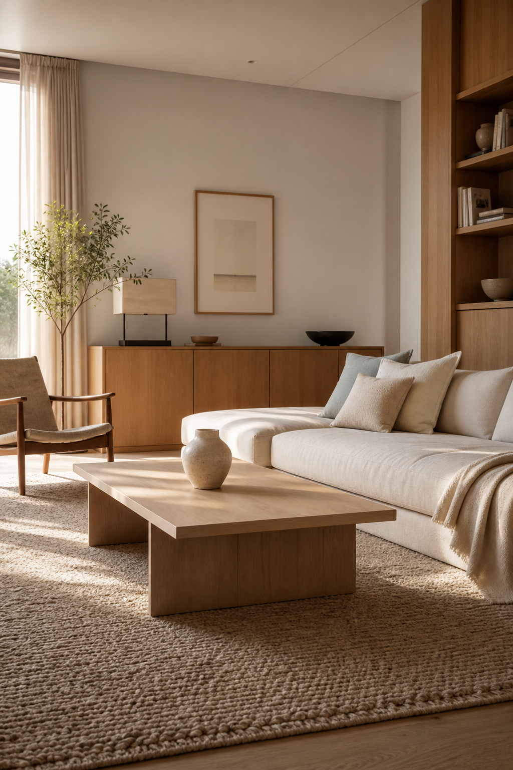 Edited Scandinavian living room with clear surfaces and calm styling