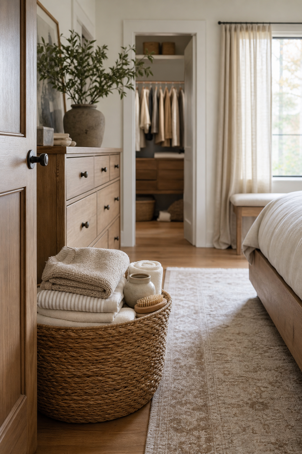 Personal bedroom entry with woven weekly reset basket, tidy bed, closed wardrobe, and hooks
