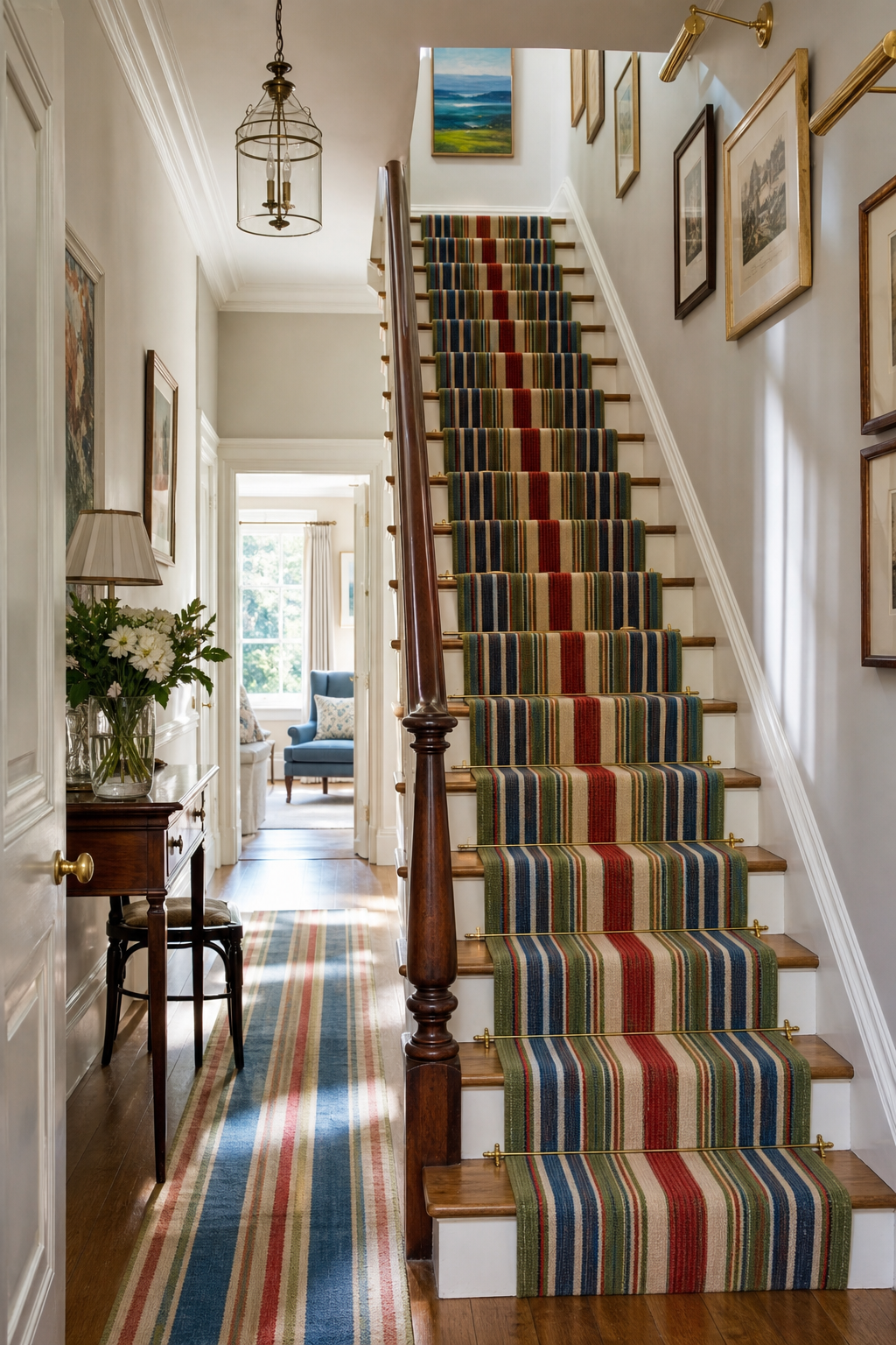 Polished hallway with colorful striped stair runner, white walls, brass picture lights, and framed art