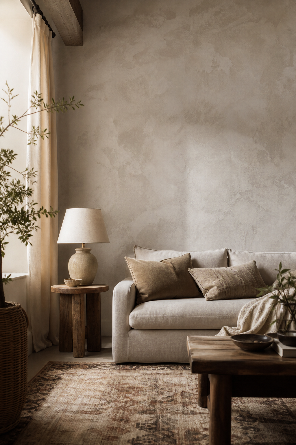 Textured plaster wall adding depth behind a linen sofa in a boho living room