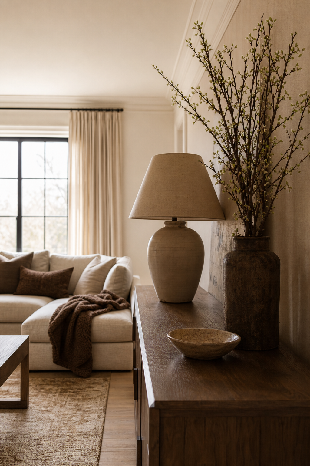 Edited small living room surface with lamp bowl and branches