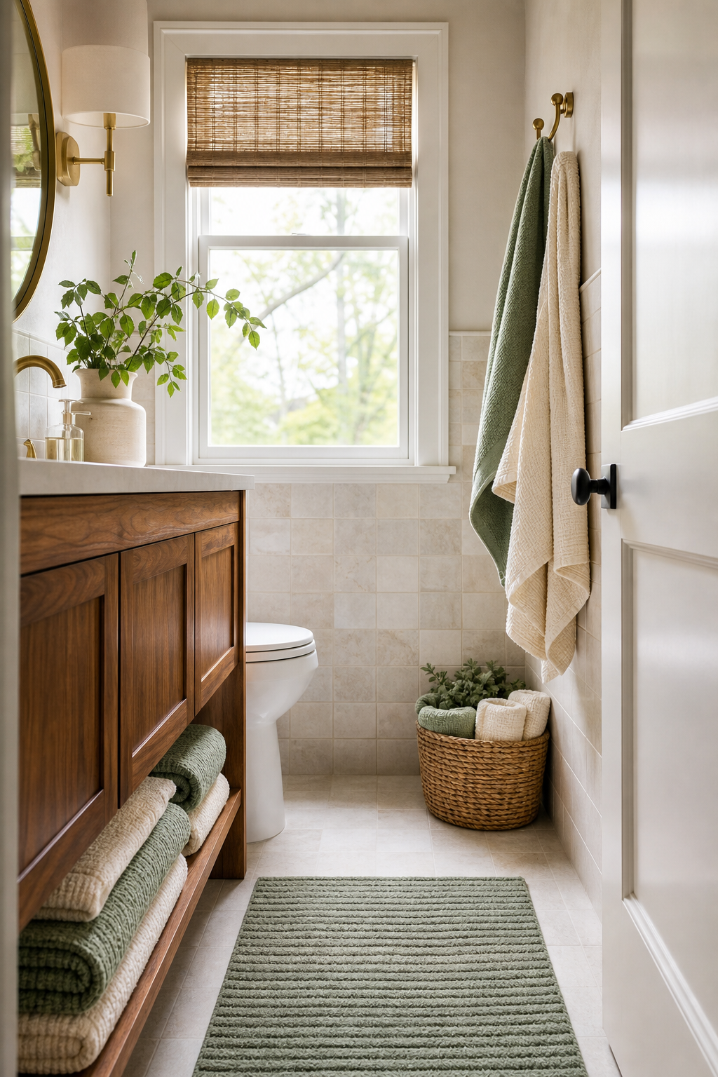 Small bathroom with fresh coordinated towels and bath mat