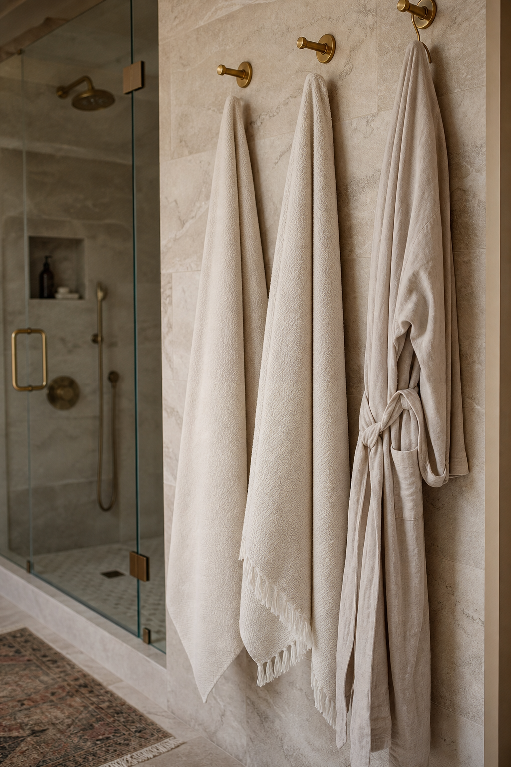 Brass towel hooks with linen towels in a master bath