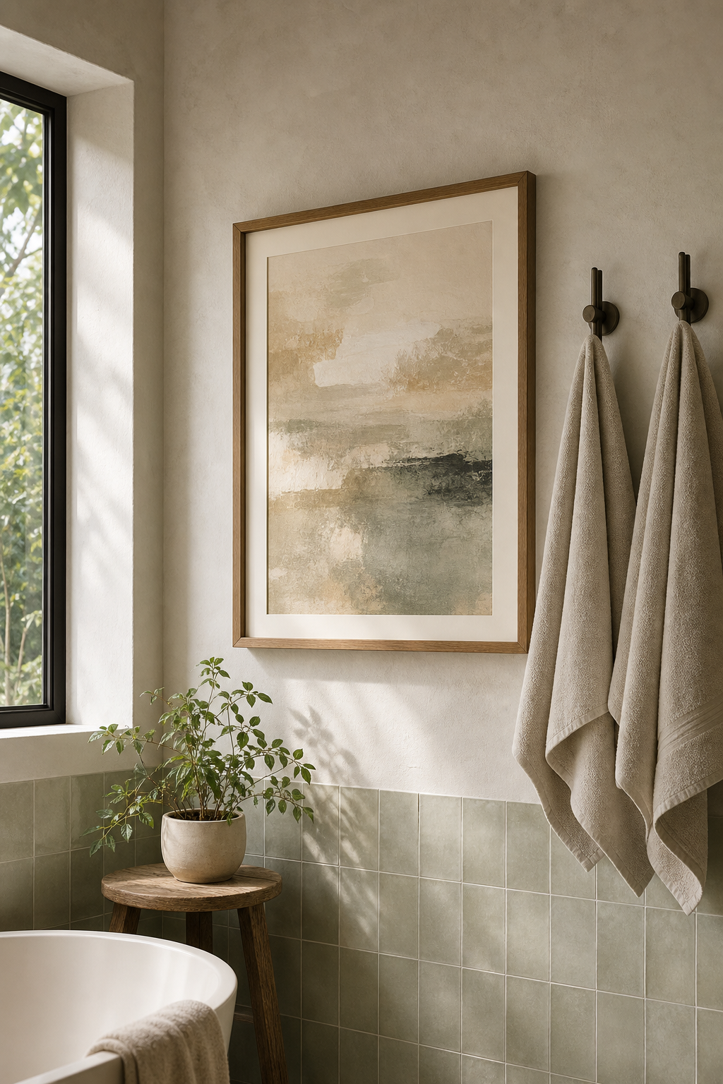 hang art that can handle humidity in a cozy spa-like bathroom