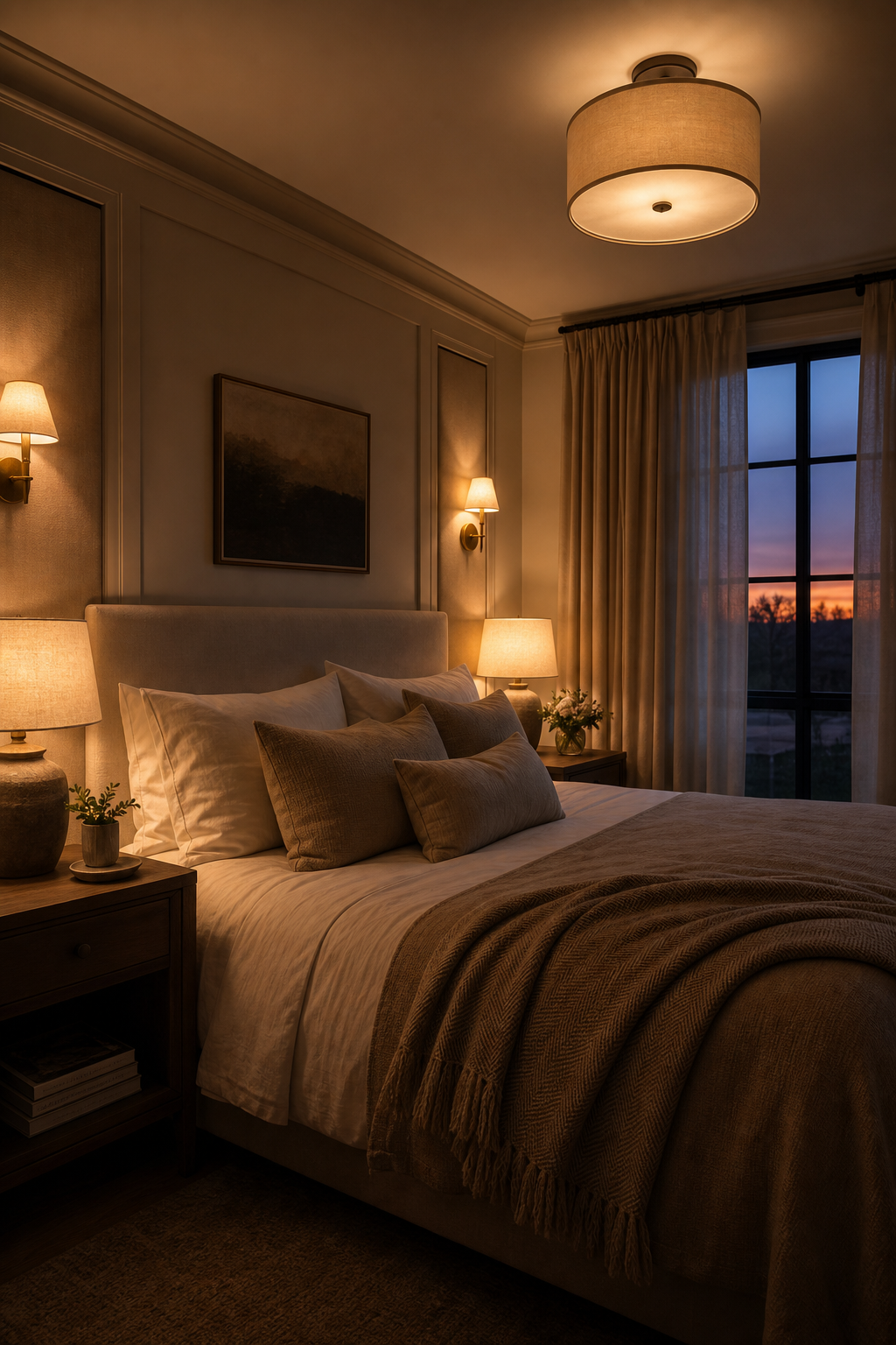 Warm layered bedroom lighting with lamps and sconces